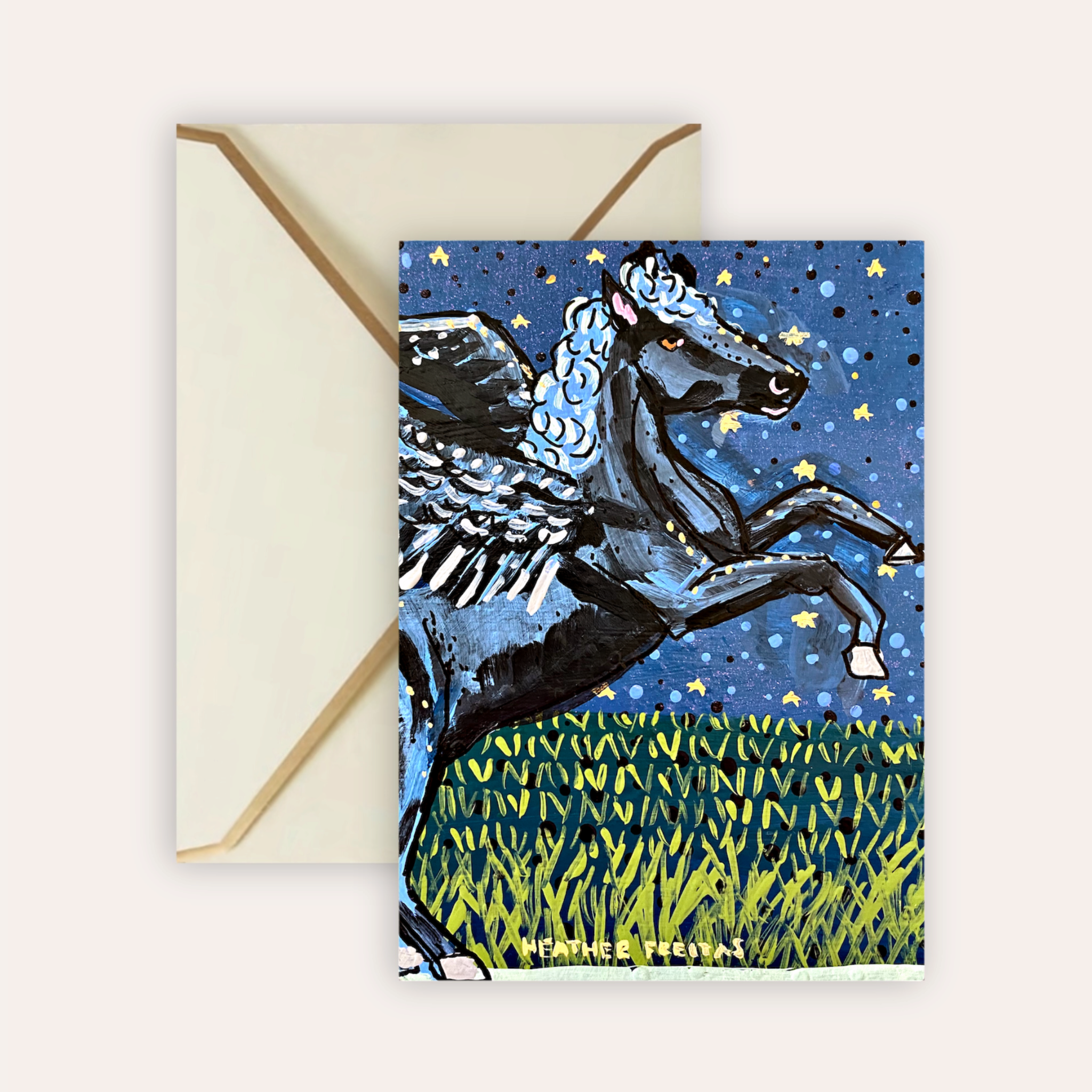 Black Pegasus Starry Night Fine Art Greeting Card