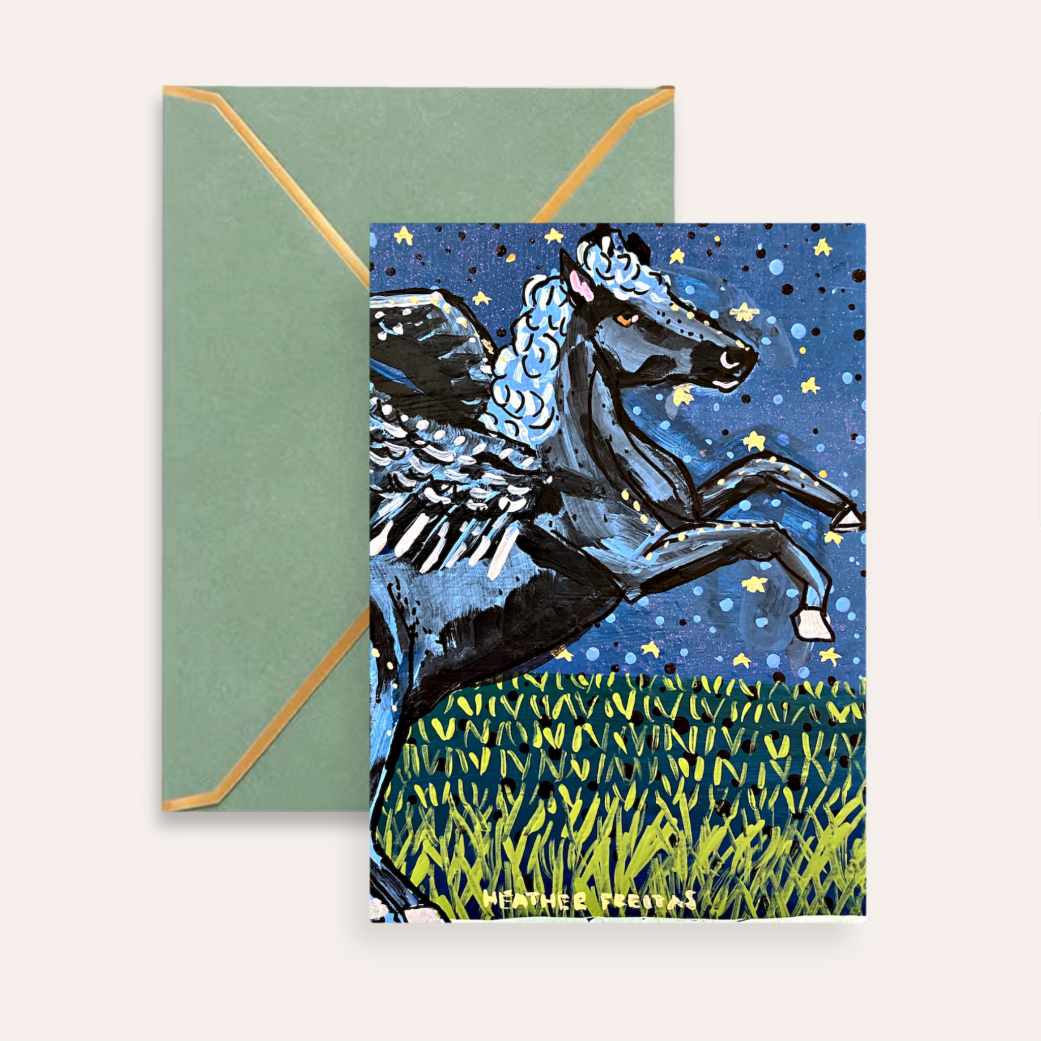 Black Pegasus Starry Night Fine Art Greeting Card