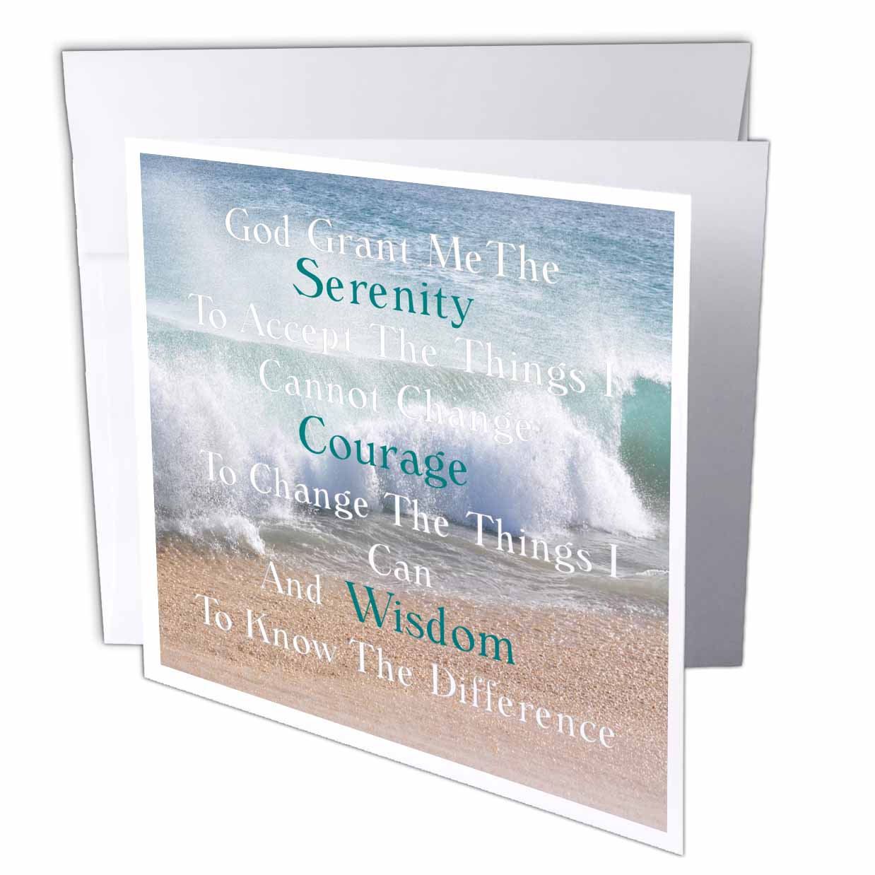 3dRose Florene Sobriety Messages - Image of Serenity Prayer On Calm Beach And Waves Photo - Greeting Cards (gc_237479)